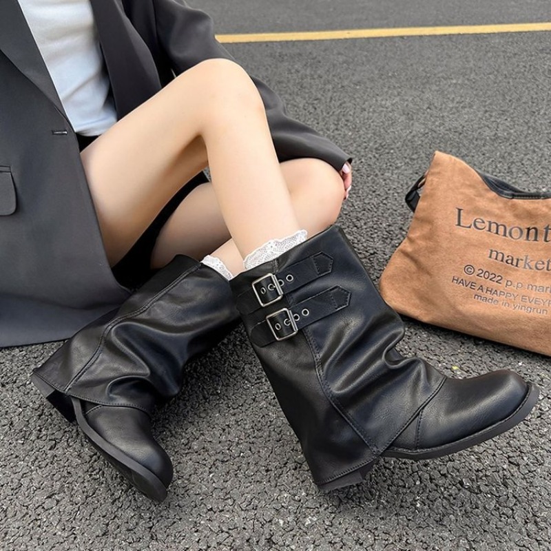 Embroidery Garments - Damen-Stiefeletten mit doppelter Schnalle, mittelhohe Stiefel,