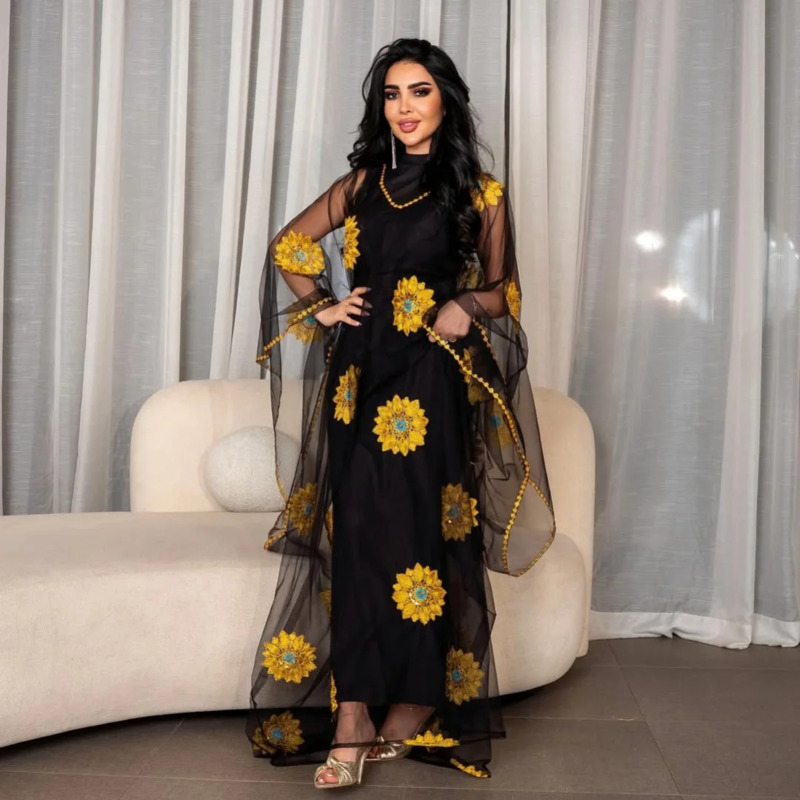 Embroidery Yellow Dress - Damen Maxikleid mit Blumenstickerei, transparentem Mesh,