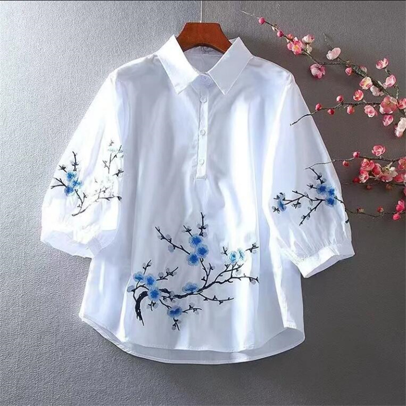 Embroidery Cotton Shirt - Weiß Bestickt Shirt Frauen Bluse Reine