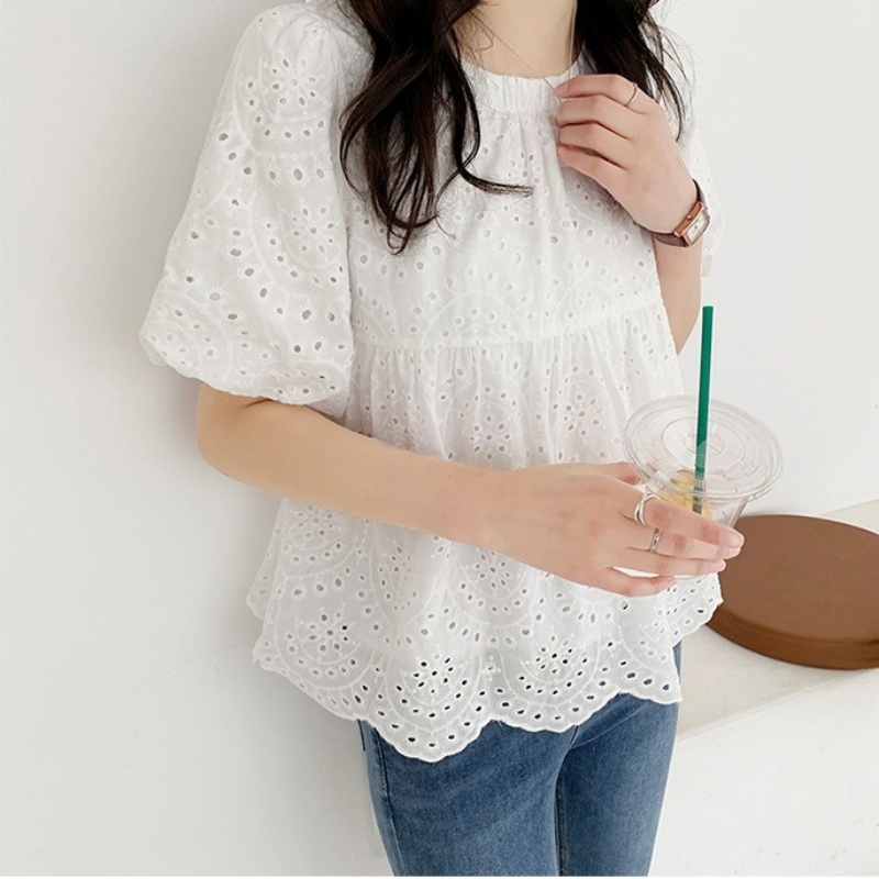 Mode aushöhlen weiße Stickerei – Embroidery Cotton Shirt Bewertung und Preis