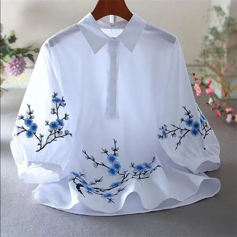 Weiß Bestickt Shirt Frauen Blu – Embroidery Cotton Shirt Bewertung und Preis